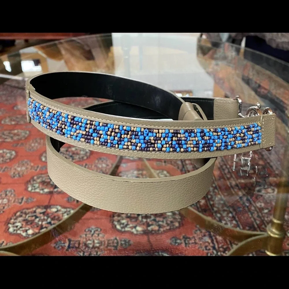 Chico's Blue Bead Faux‎ Leather Adjustable Length Belt Silver Buckle